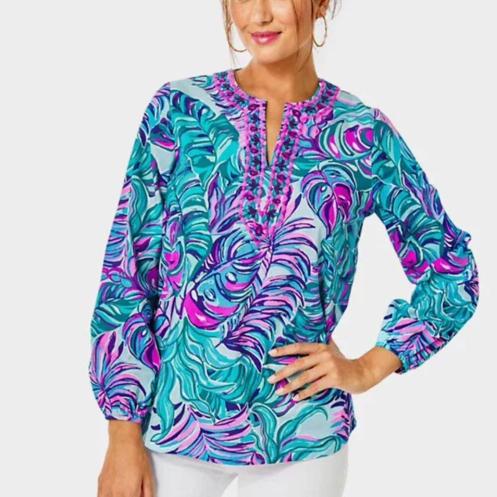 Lilly Pulitzer Coretta Tunic Seasalt Blue Dont Wanna Leaf Tunic